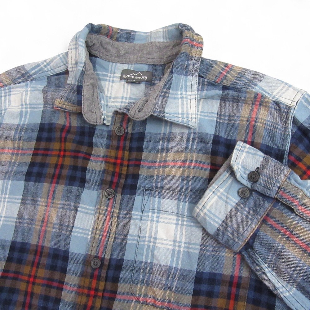 Eddie Bauer Mens Button Up Flannel Shirt Long Sleeve L Blue Plaid Button Front